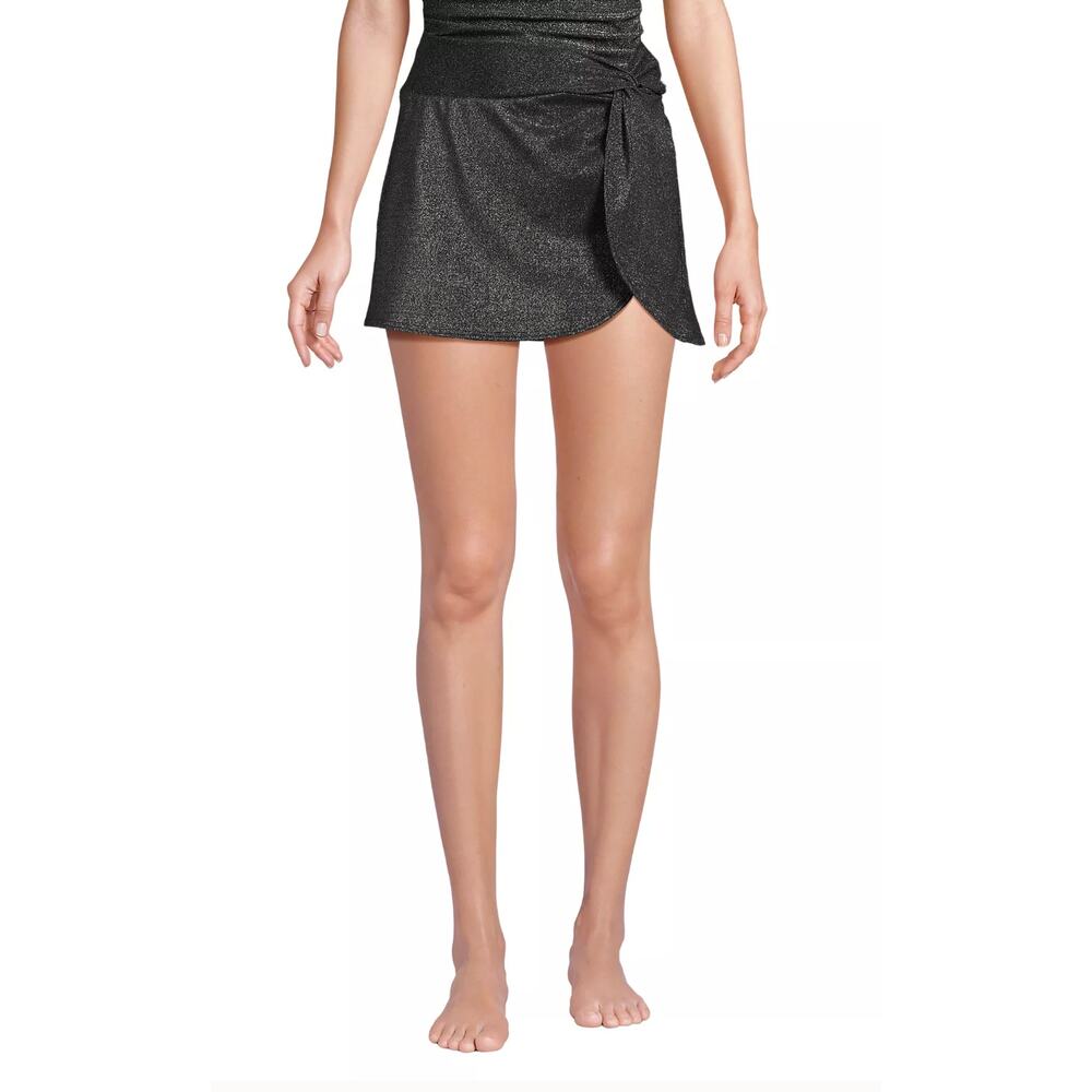 Womens Chlorine Resistant Black Shine Twist Front Mini Swim Cover-up Skirt S 6-8